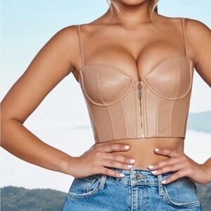 NWT Oh Polly Zip Into Shape Faux Leather Underwired Bustier Crop Top brown nude